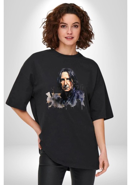 Severus Snape Sulu Boya Pamuklu Bisiklet Yaka Kadın Erkek Oversize Boyfriend Dijital Baskılı Siyah T-Shirt