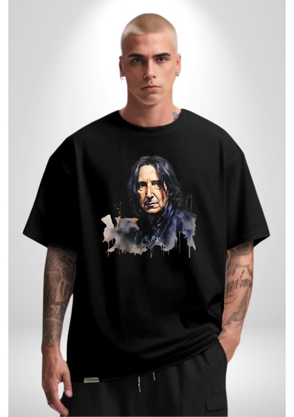 Severus Snape Sulu Boya Pamuklu Bisiklet Yaka Kadın Erkek Oversize Boyfriend Dijital Baskılı Siyah T-Shirt
