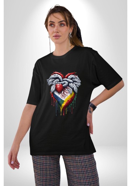 Kalp Damar Renkli Boyalı Pamuklu Bisiklet Yaka Kadın Erkek Oversize Boyfriend Dijital Baskılı Siyah T-Shirt fırsatları