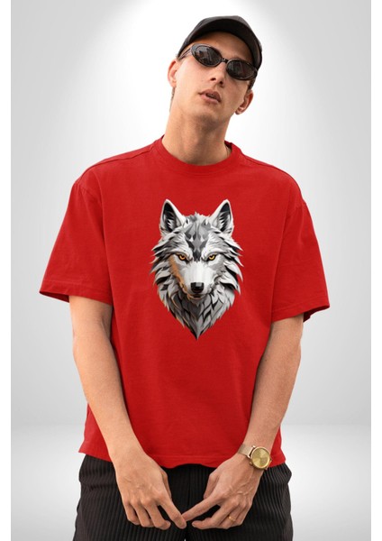Beyaz Kurt Kafası Pamuklu Bisiklet Yaka Kadın Erkek Oversize Boyfriend Dijital Baskılı Kırmızı T-Shirt