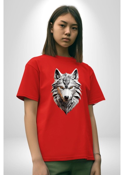 Beyaz Kurt Kafası Pamuklu Bisiklet Yaka Kadın Erkek Oversize Boyfriend Dijital Baskılı Kırmızı T-Shirt modelleri