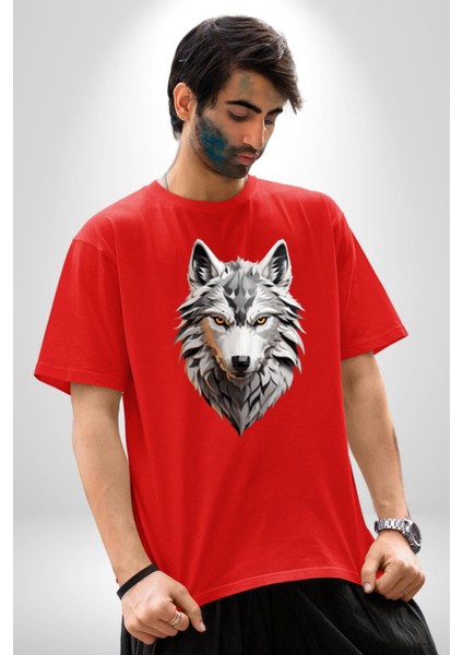 Beyaz Kurt Kafası Pamuklu Bisiklet Yaka Kadın Erkek Oversize Boyfriend Dijital Baskılı Kırmızı T-Shirt fırsatları