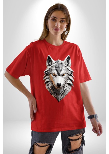 Beyaz Kurt Kafası Pamuklu Bisiklet Yaka Kadın Erkek Oversize Boyfriend Dijital Baskılı Kırmızı T-Shirt indirimleri