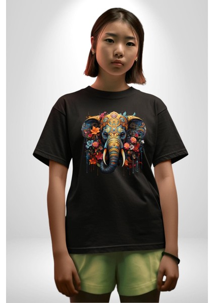 Bereket Fil Hintli Tasarım Pamuklu Bisiklet Yaka Kadın Erkek Oversize Boyfriend Dijital Baskılı Siyah T-Shirt