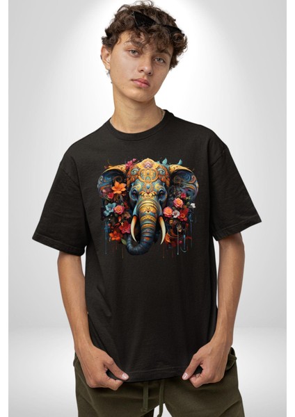 Bereket Fil Hintli Tasarım Pamuklu Bisiklet Yaka Kadın Erkek Oversize Boyfriend Dijital Baskılı Siyah T-Shirt modelleri