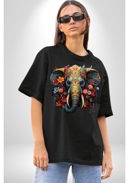 Bereket Fil Hintli Tasarım Pamuklu Bisiklet Yaka Kadın Erkek Oversize Boyfriend Dijital Baskılı Siyah T-Shirt fırsatları