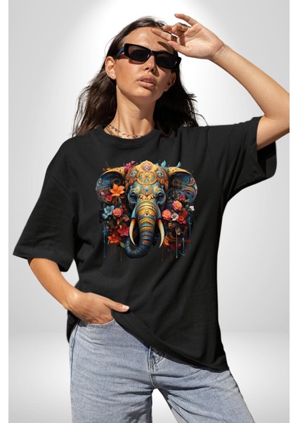 Bereket Fil Hintli Tasarım Pamuklu Bisiklet Yaka Kadın Erkek Oversize Boyfriend Dijital Baskılı Siyah T-Shirt indirimleri