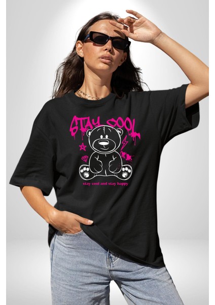 Serin ve Mutlu Kal Pamuklu Bisiklet Yaka Kadın Erkek Oversize Boyfriend Dijital Baskılı Siyah T-Shirt