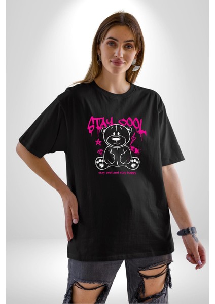 Serin ve Mutlu Kal Pamuklu Bisiklet Yaka Kadın Erkek Oversize Boyfriend Dijital Baskılı Siyah T-Shirt