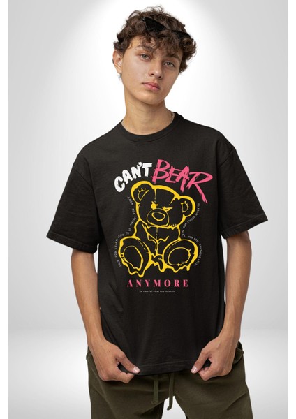 Artık Katlan Pamuklu Bisiklet Yaka Kadın Erkek Oversize Boyfriend Dijital Baskılı Siyah T-Shirt