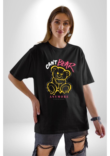 Artık Katlan Pamuklu Bisiklet Yaka Kadın Erkek Oversize Boyfriend Dijital Baskılı Siyah T-Shirt