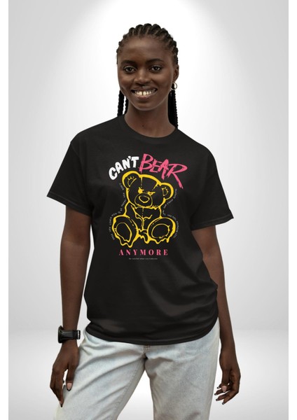 Artık Katlan Pamuklu Bisiklet Yaka Kadın Erkek Oversize Boyfriend Dijital Baskılı Siyah T-Shirt