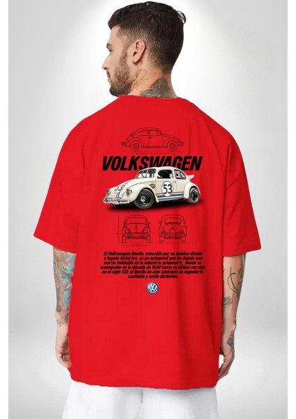 Volkswagen Kaplumbağa 1963 Beetle Araba Herbie Kırmızı Oversize Kadın Erkek Ön Sırt Baskılı Tişört