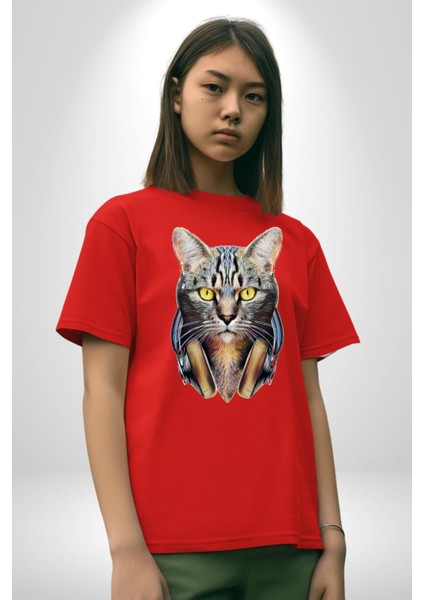 Kulaklık Kedi Pamuklu Bisiklet Yaka Kadın Erkek Oversize Boyfriend Dijital Baskılı Kırmızı T-Shirt