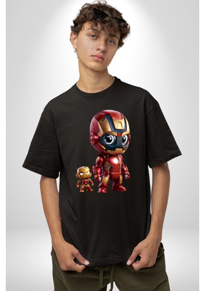 Yenilmezler Avengers Bebek Iron Man Pamuklu Bisiklet Yaka Kadın Erkek Oversize Boyfriend Dijital Baskılı Siyah T-Shirt