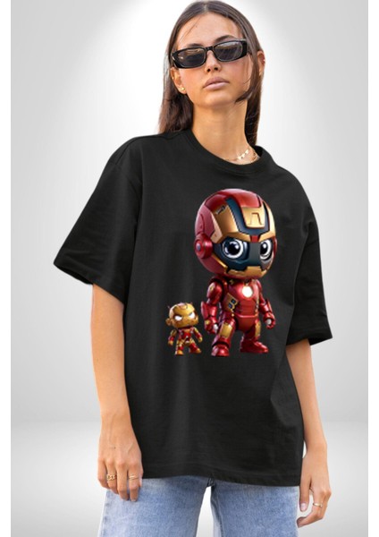 Yenilmezler Avengers Bebek Iron Man Pamuklu Bisiklet Yaka Kadın Erkek Oversize Boyfriend Dijital Baskılı Siyah T-Shirt