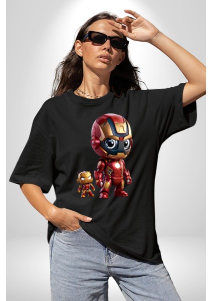 Yenilmezler Avengers Bebek Iron Man Pamuklu Bisiklet Yaka Kadın Erkek Oversize Boyfriend Dijital Baskılı Siyah T-Shirt