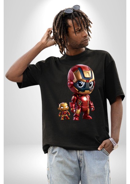 Yenilmezler Avengers Bebek Iron Man Pamuklu Bisiklet Yaka Kadın Erkek Oversize Boyfriend Dijital Baskılı Siyah T-Shirt