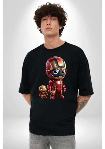 Yenilmezler Avengers Bebek Iron Man Pamuklu Bisiklet Yaka Kadın Erkek Oversize Boyfriend Dijital Baskılı Siyah T-Shirt
