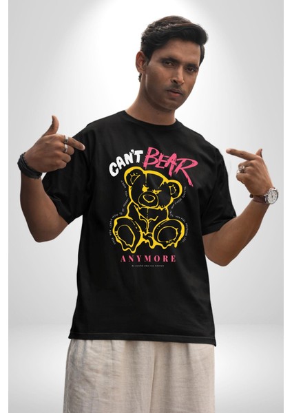 Artık Katlan Pamuklu Bisiklet Yaka Kadın Erkek Oversize Boyfriend Dijital Baskılı Siyah T-Shirt