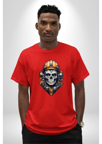 Maden Işcisi Kuru Kafa Pamuklu Bisiklet Yaka Kadın Erkek Oversize Boyfriend Dijital Baskılı Kırmızı T-Shirt