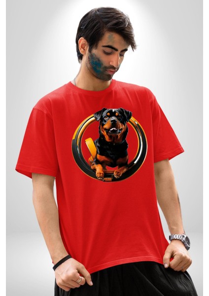 Süper Tasma Rottweiler Eğitim Pamuklu Bisiklet Yaka Kadın Erkek Oversize Boyfriend Dijital Baskılı Kırmızı T-Shirt fırsatları