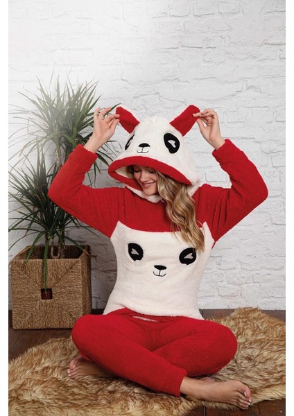 Panda Model Kapüşonlu Polar Kadın Pijama Takımı