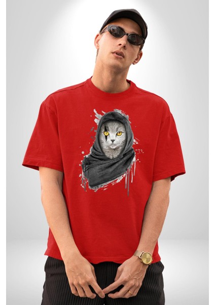 Safari Kedi Şal Eşarp Pamuklu Bisiklet Yaka Kadın Erkek Oversize Boyfriend Dijital Baskılı Kırmızı T-Shirt