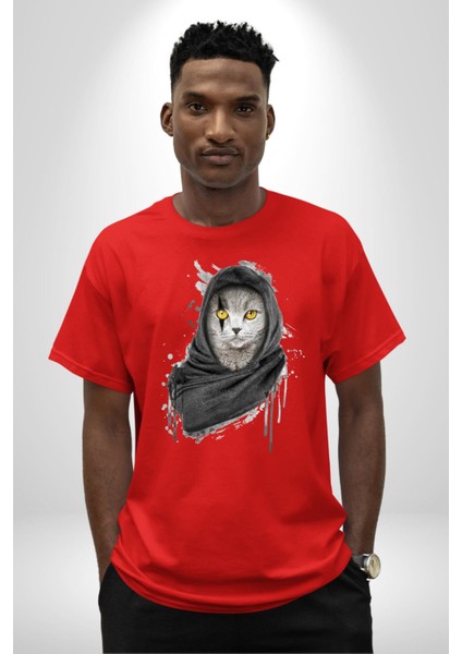 Safari Kedi Şal Eşarp Pamuklu Bisiklet Yaka Kadın Erkek Oversize Boyfriend Dijital Baskılı Kırmızı T-Shirt fiyatları