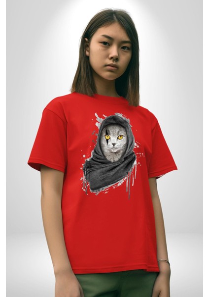 Safari Kedi Şal Eşarp Pamuklu Bisiklet Yaka Kadın Erkek Oversize Boyfriend Dijital Baskılı Kırmızı T-Shirt modelleri
