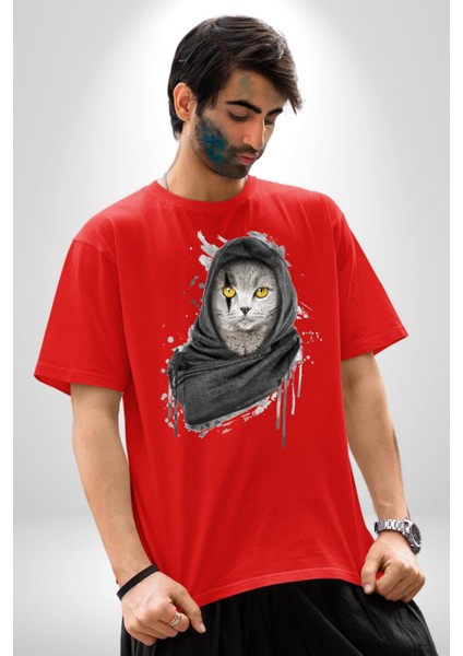 Safari Kedi Şal Eşarp Pamuklu Bisiklet Yaka Kadın Erkek Oversize Boyfriend Dijital Baskılı Kırmızı T-Shirt fırsatları