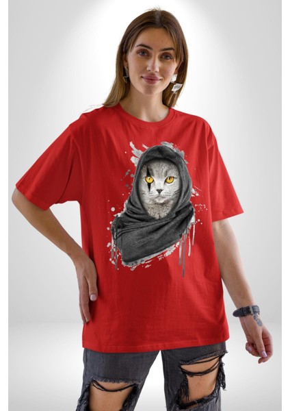 Safari Kedi Şal Eşarp Pamuklu Bisiklet Yaka Kadın Erkek Oversize Boyfriend Dijital Baskılı Kırmızı T-Shirt indirimleri