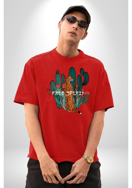 Kaktüs Çita Pamuklu Bisiklet Yaka Kadın Erkek Oversize Boyfriend Dijital Baskılı Kırmızı T-Shirt