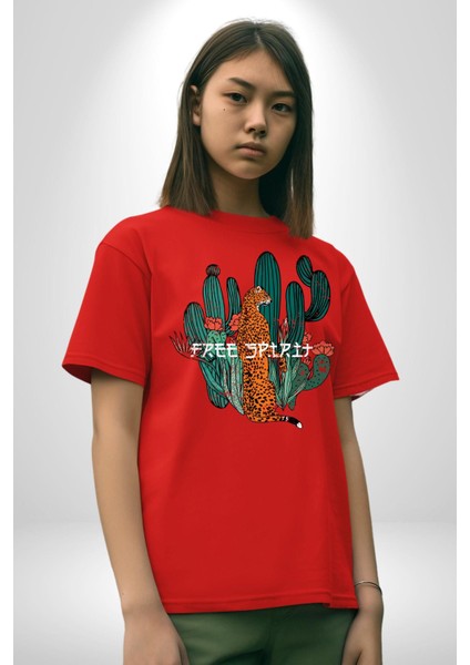 Kaktüs Çita Pamuklu Bisiklet Yaka Kadın Erkek Oversize Boyfriend Dijital Baskılı Kırmızı T-Shirt