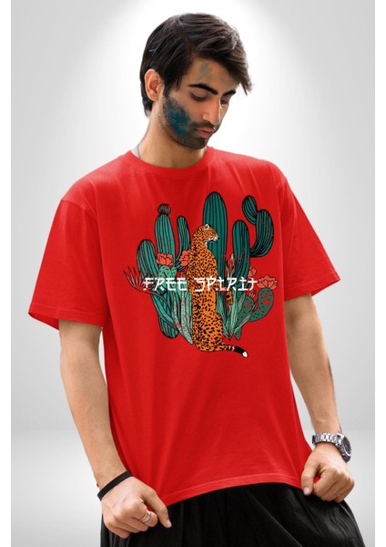 Kaktüs Çita Pamuklu Bisiklet Yaka Kadın Erkek Oversize Boyfriend Dijital Baskılı Kırmızı T-Shirt
