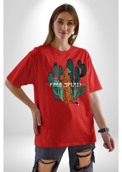 Kaktüs Çita Pamuklu Bisiklet Yaka Kadın Erkek Oversize Boyfriend Dijital Baskılı Kırmızı T-Shirt