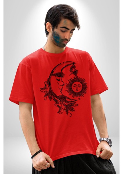 Ay Güneş Astroloji Aşk Estetik Pamuklu Bisiklet Yaka Kadın Erkek Oversize Boyfriend Dijital Baskılı Kırmızı T-Shirt