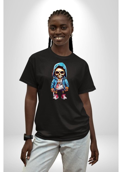 Hiphop Kurukafa Hoodie Pamuklu Bisiklet Yaka Kadın Erkek Oversize Boyfriend Dijital Baskılı Siyah T-Shirt