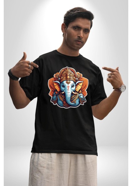 Hindu Fil Bereket Tanrısı Pamuklu Bisiklet Yaka Kadın Erkek Oversize Boyfriend Dijital Baskılı Siyah T-Shirt