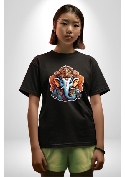 Hindu Fil Bereket Tanrısı Pamuklu Bisiklet Yaka Kadın Erkek Oversize Boyfriend Dijital Baskılı Siyah T-Shirt fiyatları
