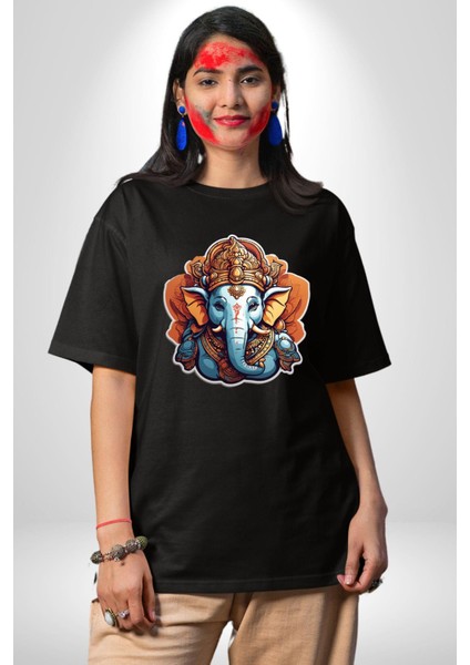 Hindu Fil Bereket Tanrısı Pamuklu Bisiklet Yaka Kadın Erkek Oversize Boyfriend Dijital Baskılı Siyah T-Shirt modelleri