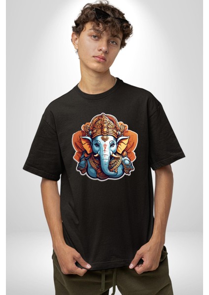 Hindu Fil Bereket Tanrısı Pamuklu Bisiklet Yaka Kadın Erkek Oversize Boyfriend Dijital Baskılı Siyah T-Shirt fırsatları