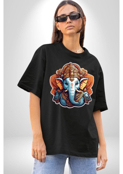 Hindu Fil Bereket Tanrısı Pamuklu Bisiklet Yaka Kadın Erkek Oversize Boyfriend Dijital Baskılı Siyah T-Shirt indirimleri