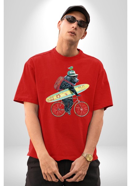Komik Köpek Sörf Tahtası Bisiklet Pamuklu Bisiklet Yaka Kadın Erkek Oversize Boyfriend Dijital Baskılı Kırmızı T-Shirt fırsatları