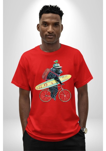 Komik Köpek Sörf Tahtası Bisiklet Pamuklu Bisiklet Yaka Kadın Erkek Oversize Boyfriend Dijital Baskılı Kırmızı T-Shirt indirimleri
