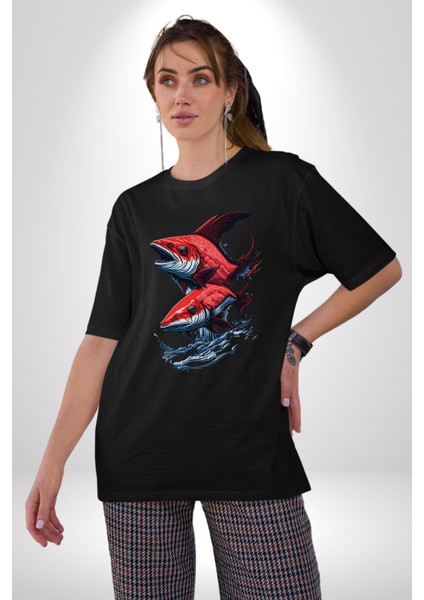 Kırmızı Japon Balığı Pamuklu Bisiklet Yaka Kadın Erkek Oversize Boyfriend Dijital Baskılı Siyah T-Shirt