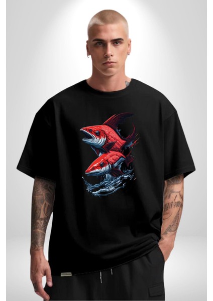 Kırmızı Japon Balığı Pamuklu Bisiklet Yaka Kadın Erkek Oversize Boyfriend Dijital Baskılı Siyah T-Shirt fiyatları