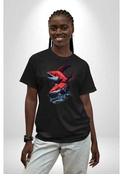 Kırmızı Japon Balığı Pamuklu Bisiklet Yaka Kadın Erkek Oversize Boyfriend Dijital Baskılı Siyah T-Shirt modelleri