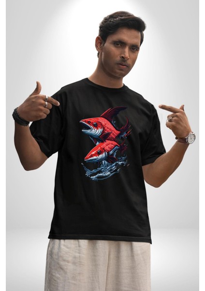 Kırmızı Japon Balığı Pamuklu Bisiklet Yaka Kadın Erkek Oversize Boyfriend Dijital Baskılı Siyah T-Shirt fırsatları