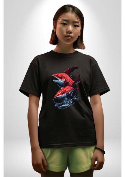 Kırmızı Japon Balığı Pamuklu Bisiklet Yaka Kadın Erkek Oversize Boyfriend Dijital Baskılı Siyah T-Shirt indirimleri